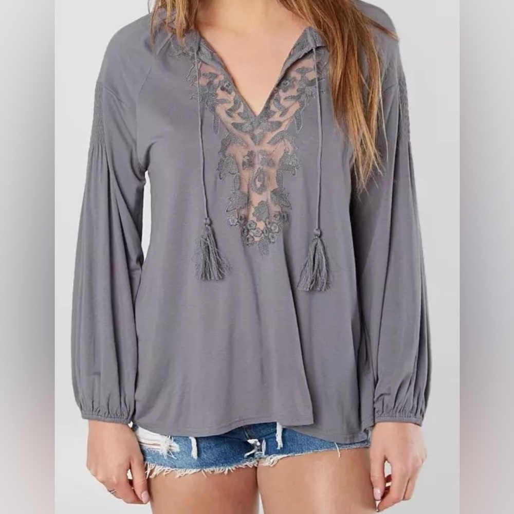 Buckle Embroidered Split Neck Top New Without Tag.